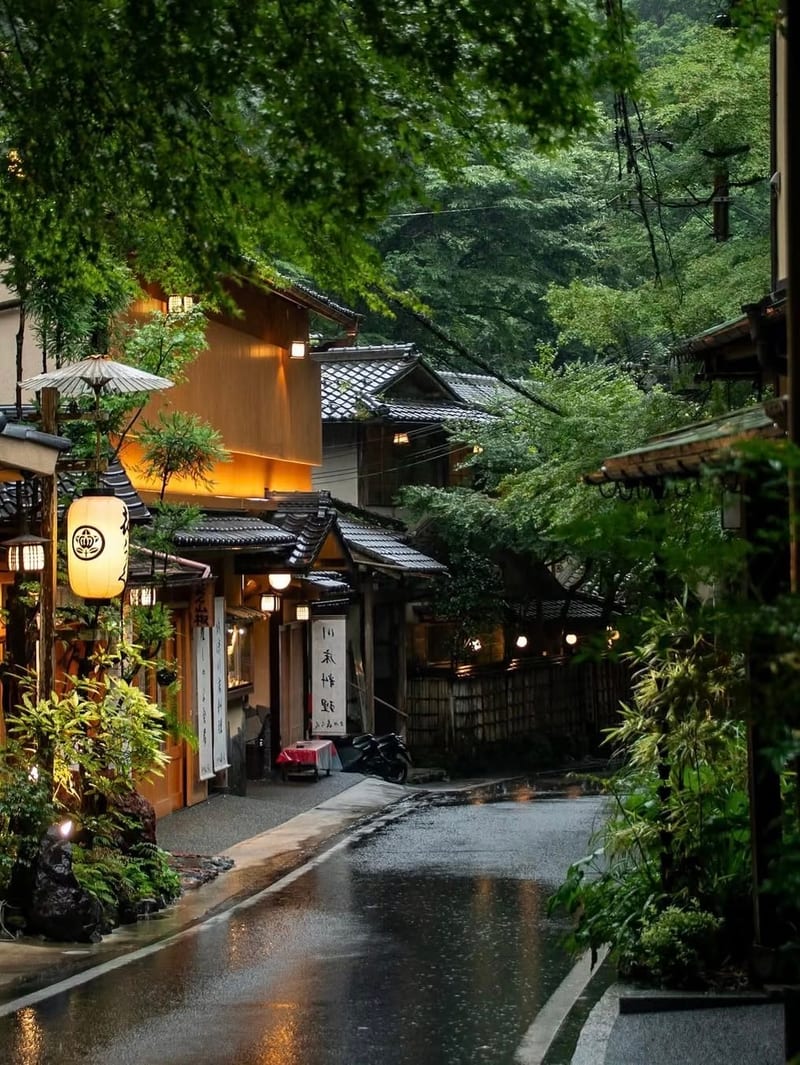 雨后的京都窄巷，湿润的石板路映着灯笼暖光，两侧是日式木屋与绿植